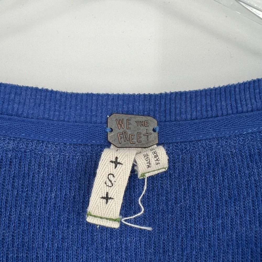 Free People Top Womens‎ S Thermal Henley Blue Embroidered Cuff Long Sleeve